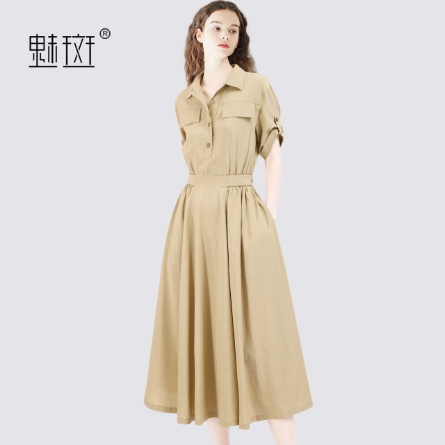 13674356.魅斑短袖连衣裙卡其色衬衫裙