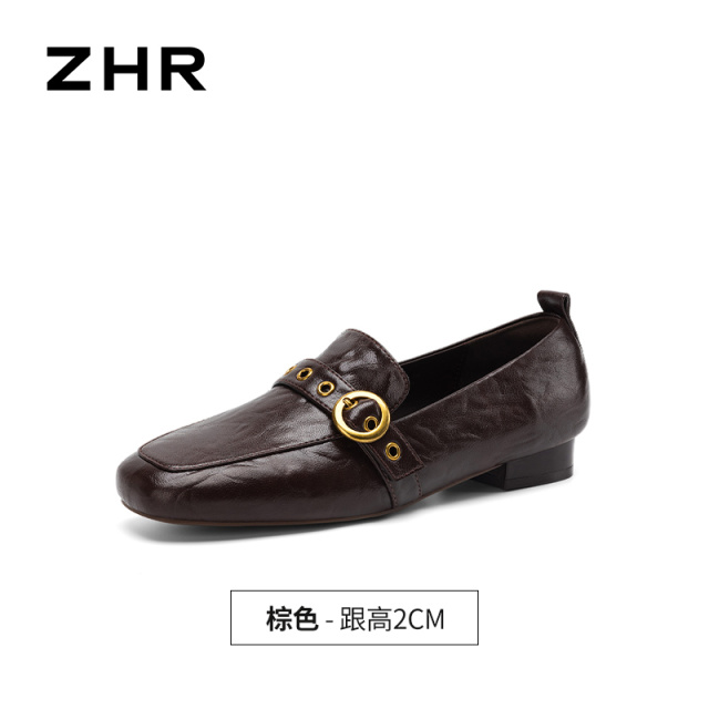 13675364.【ZHR则则】粗跟乐福鞋圆头套脚平底女鞋[牛剖层移膜革]