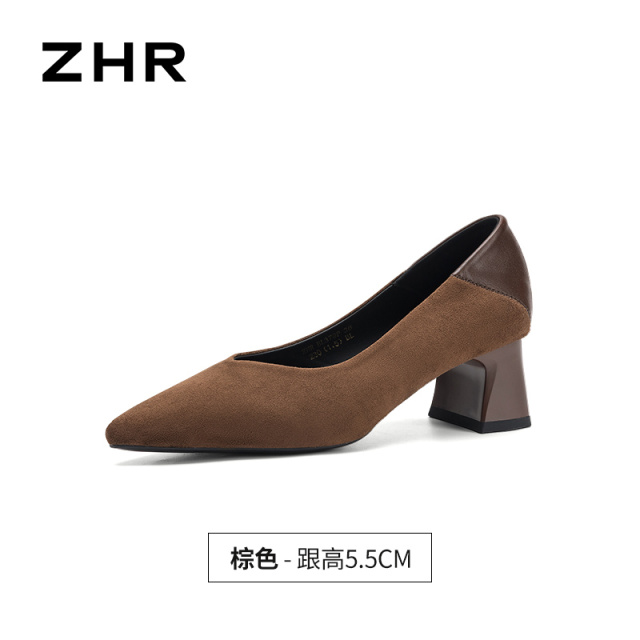 13675314.【ZHR则则】粗跟浅口尖头套脚粗跟女鞋[绒布+PU]