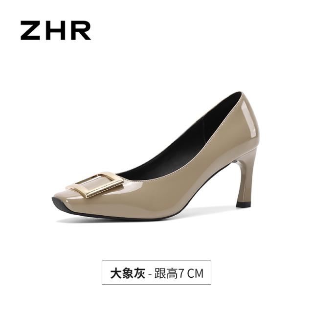 13675352.【ZHR则则】高跟单鞋(细跟)方头套脚细跟女鞋[镜面PU]