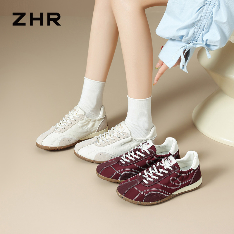 13675370.【ZHR则则】薄底德训鞋圆头系带平底女鞋[雨伞布+头层猪皮]