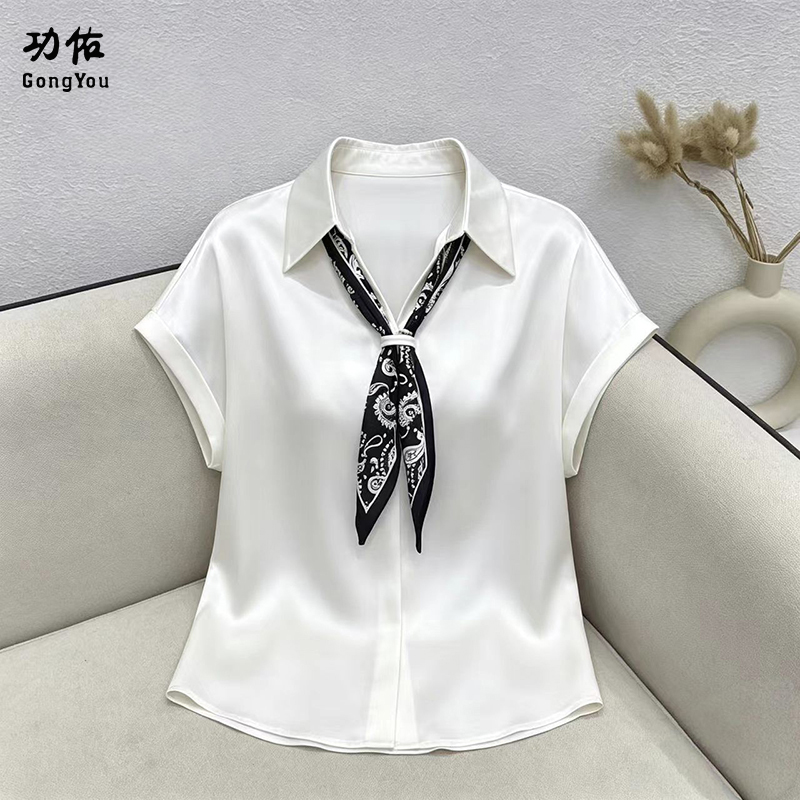 13675425.【功佑】丝滑缎面翻领带丝巾短袖衬衫