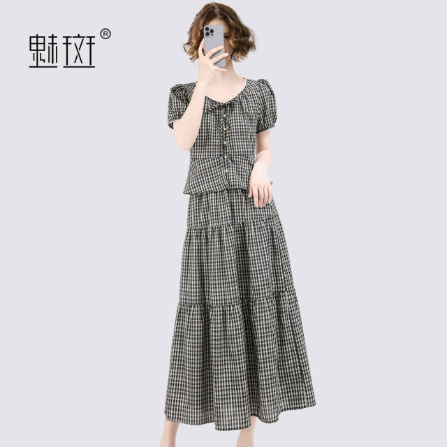 13674366.魅斑撞色格子短袖衬衫半身裙两件套套装