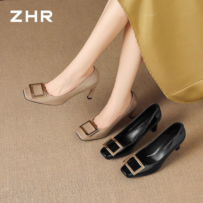13675352.【ZHR则则】高跟单鞋(细跟)方头套脚细跟女鞋[镜面PU]