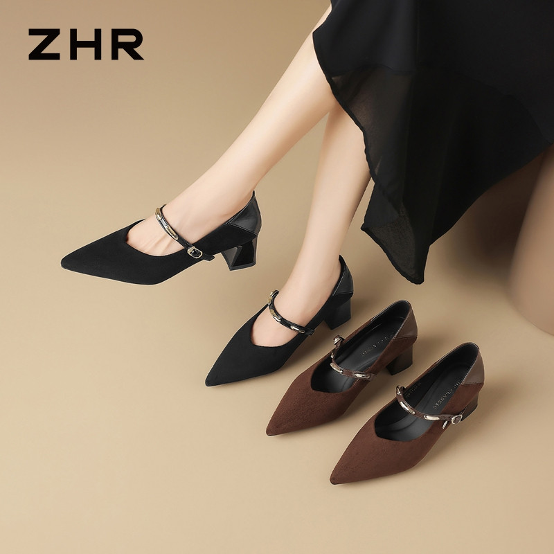 13675341.【ZHR则则】粗跟玛丽珍鞋尖头搭扣粗跟女鞋[绒布+PU]