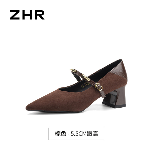 13675341.【ZHR则则】粗跟玛丽珍鞋尖头搭扣粗跟女鞋[绒布+PU]