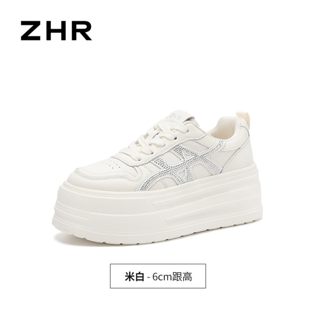13757445.【ZHR则则】厚底小白鞋烫钻圆头系带厚底女鞋[PU]