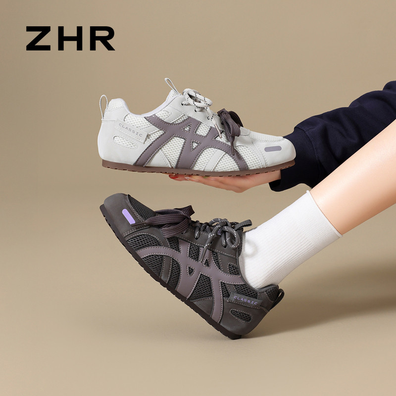 13675317.【ZHR则则】薄底德训鞋圆头系带平底女鞋[PU+网布]