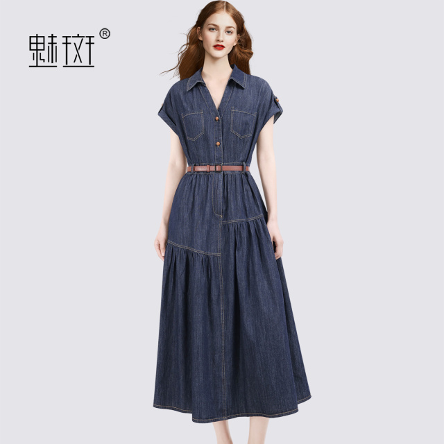 13674354.魅斑牛仔裙Polo领短袖连衣裙裙子