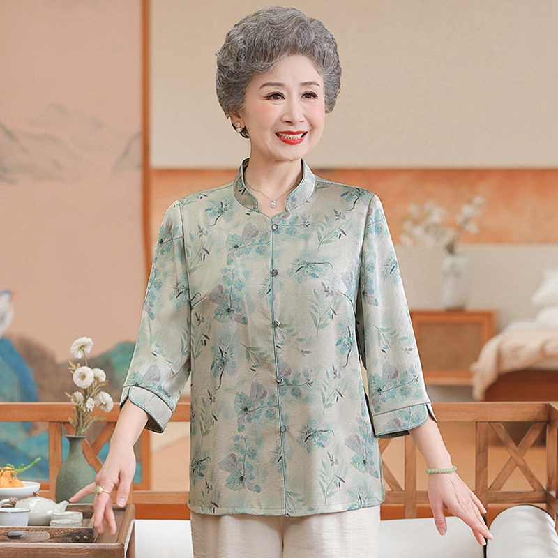 13674393.妈妈装中式国风印花七分袖衬衫Q6FXW58181