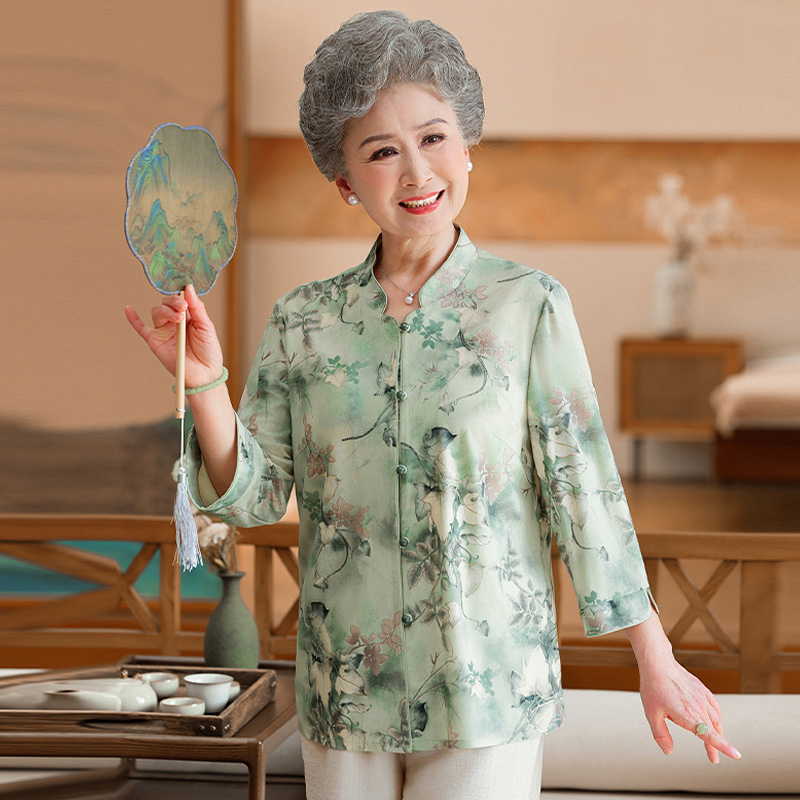 13674395.妈妈装中式国风提花七分袖衬衫Q6FXW58162