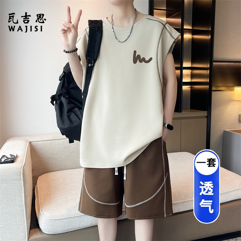 13676527.夏季青少年无袖t恤男孩冰丝背心短裤初高中学生大童休闲运动套装