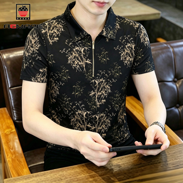 13676071.AEMAPE短袖POLO衫男夏季亲肤透气青年时尚半拉链印花短袖POLO衫