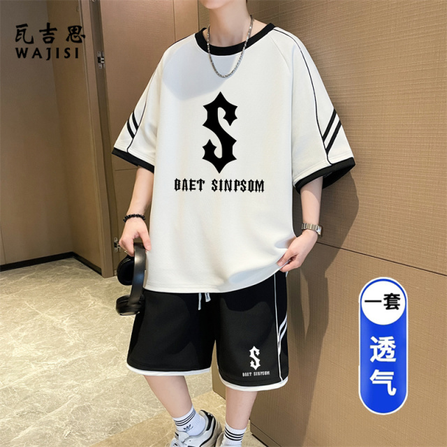 13676590.休闲运动套装男生酷帅夏季潮牌短袖套装青少年宽松短裤帅气两件套