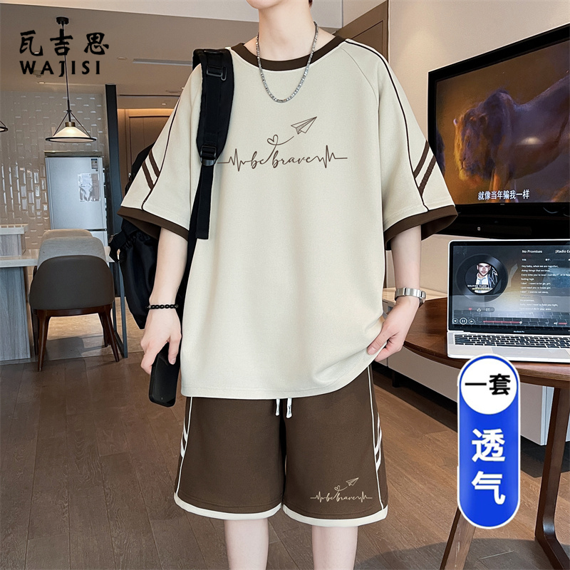 13676559.夏季休闲大码短袖套装男港风潮流宽松百搭运动帅气T恤短裤两件套