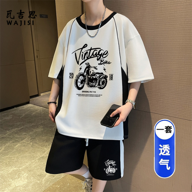 13676616.夏季新款短袖t恤男青少年潮牌运动套装冰丝半袖初高中生大童体恤T