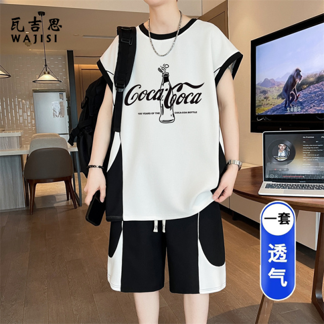 13676532.冰丝无袖t恤男孩夏季新款青少年高中初中学生大童运动休闲套装潮