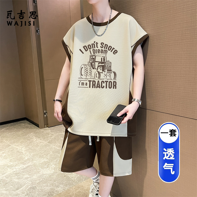 13676613.初中学生大童夏季透气运动套装青少年男孩无袖汗背心休闲两件套薄