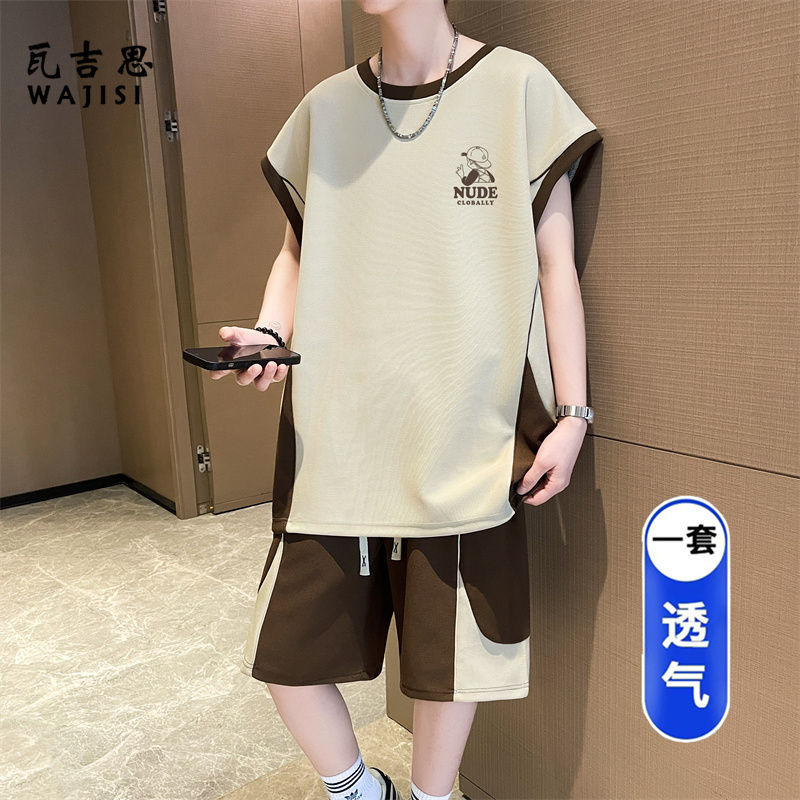 13676626.夏季无袖T恤男孩高中初中生冰丝背心短裤青少年大童夏装运动套装