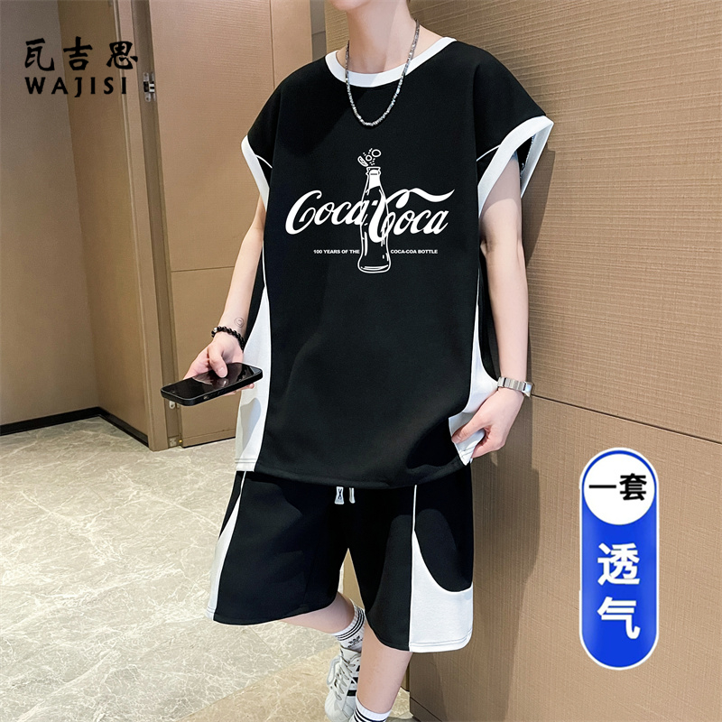 13676532.冰丝无袖t恤男孩夏季新款青少年高中初中学生大童运动休闲套装潮