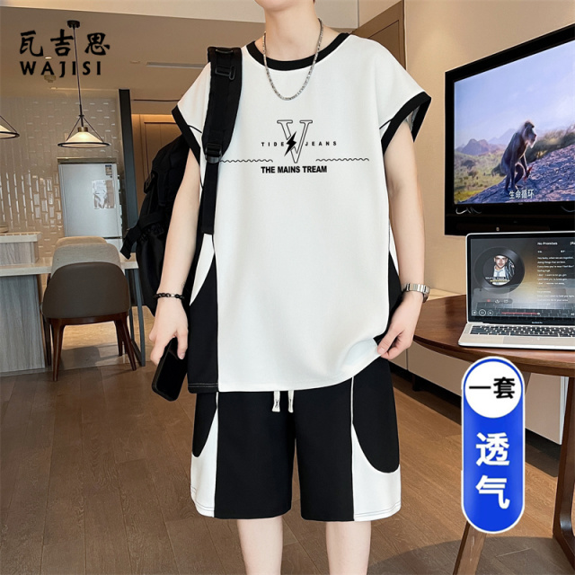 13676512.青少年夏季新款无袖背心短裤运动套装男初高中学生帅气宽松两件套