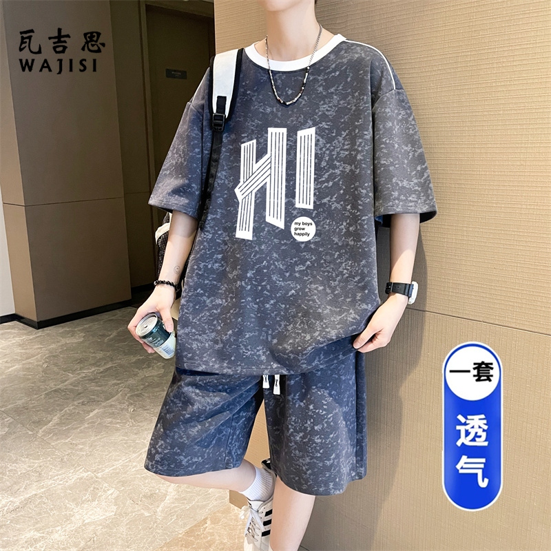 13676596.潮牌t恤男夏季高中初中学生短袖短裤青少年帅气大童休闲运动套装
