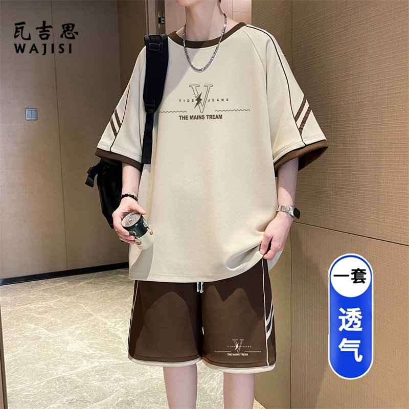 13676608.夏季新款短袖t恤男青少年潮牌运动套装半袖初高中生大童冰丝体恤T