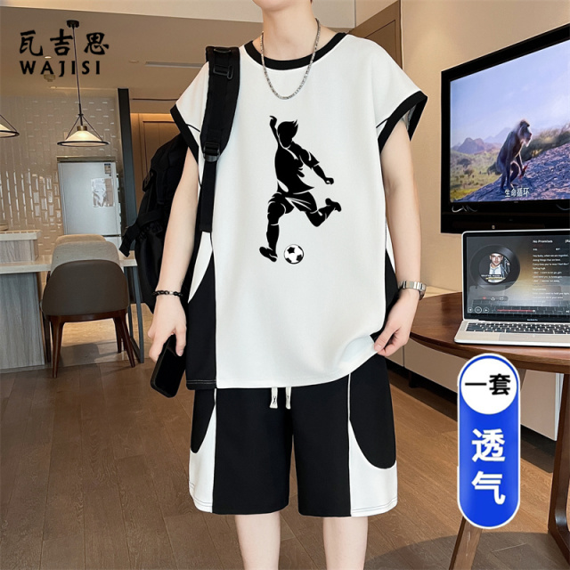 13676538.青少年休闲宽松帅气无袖背心短裤套装夏季透气初高中学生一套男装