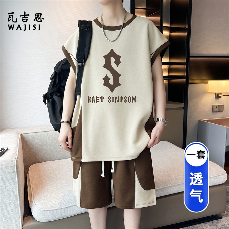 13676584.高初中学生男孩无袖汗背心夏季薄款透气运动套装青少年大童两件套