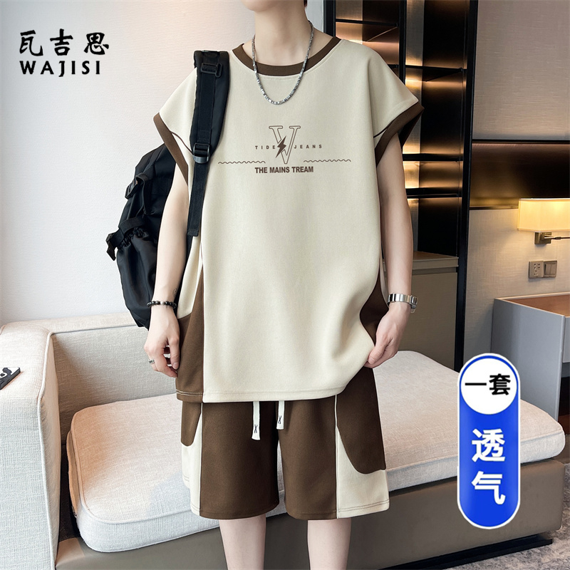 13676512.青少年夏季新款无袖背心短裤运动套装男初高中学生帅气宽松两件套