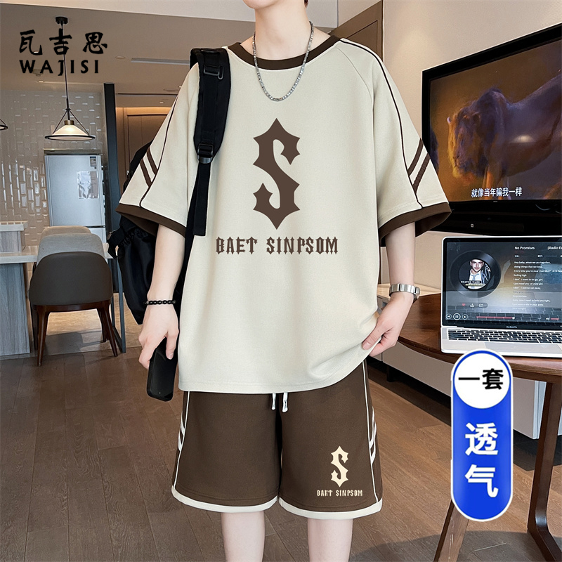 13676590.休闲运动套装男生酷帅夏季潮牌短袖套装青少年宽松短裤帅气两件套
