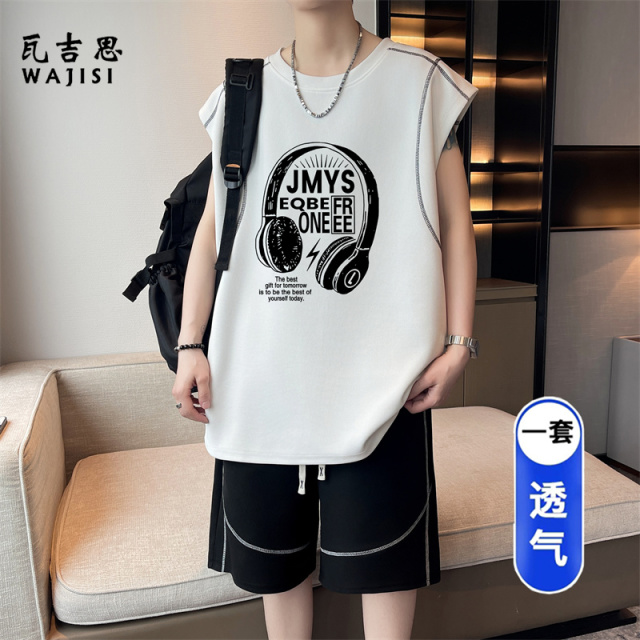 13676587.冰丝速干无袖T恤套装男生青少年初高中学生夏装背心休闲运动套装