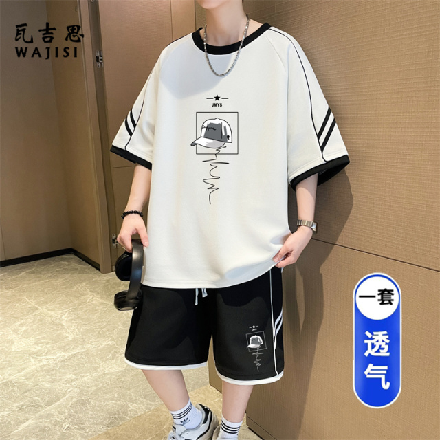 13676567.青少年冰丝短袖t恤男夏季初中高中学生帅气夏装大童短裤运动套装