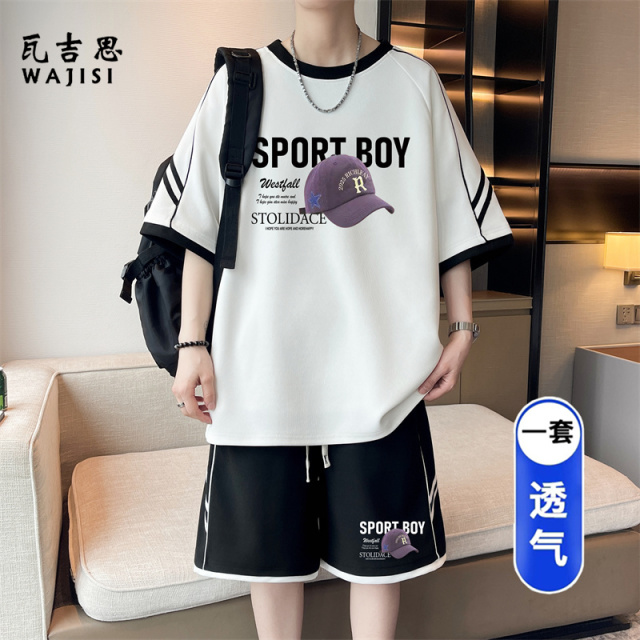 13676544.夏季休闲运动套装男士青少年学生帅气短袖短裤两件套潮流百搭透气