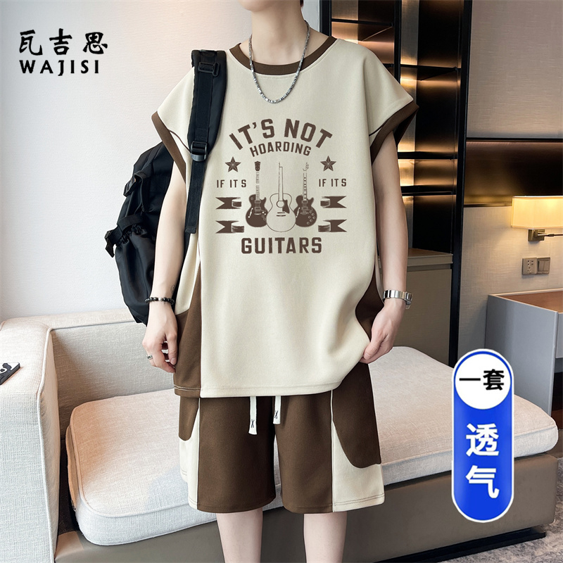 13676509.男士夏季冰丝速干无袖睡衣休闲运动背心短裤套装青少年宽松家居服