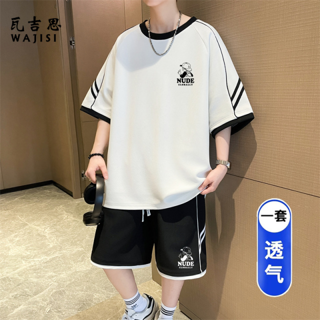 13676577.青少年休闲运动套装男生潮牌冰丝薄款短袖T恤一套中学生帅气夏装