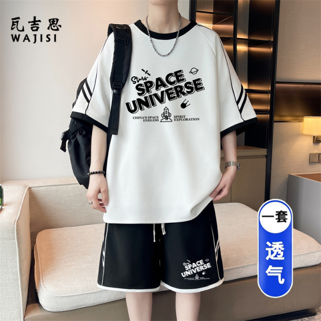 13676547.夏季男士短袖短裤套装青少年学生帅气宽松休闲运动透气潮流两件套