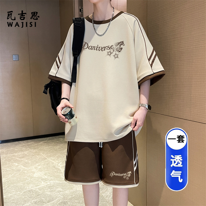 13676602.夏季新款冰丝短袖t恤男青少年初中高中学生帅气大童休闲运动套装