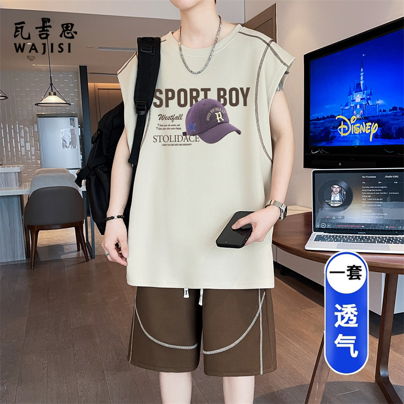 13676548.男士夏季无袖运动套装青少年休闲背心短裤两件套夏天潮流男装一套