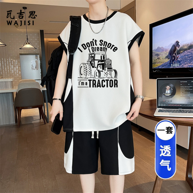 13676613.初中学生大童夏季透气运动套装青少年男孩无袖汗背心休闲两件套薄
