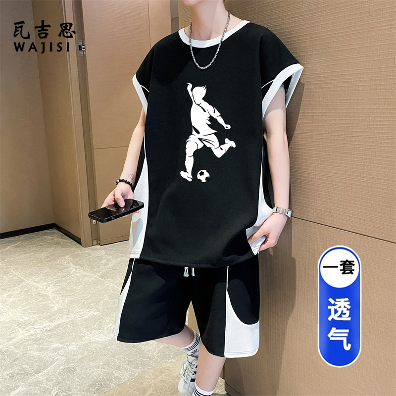 13676538.青少年休闲宽松帅气无袖背心短裤套装夏季透气初高中学生一套男装