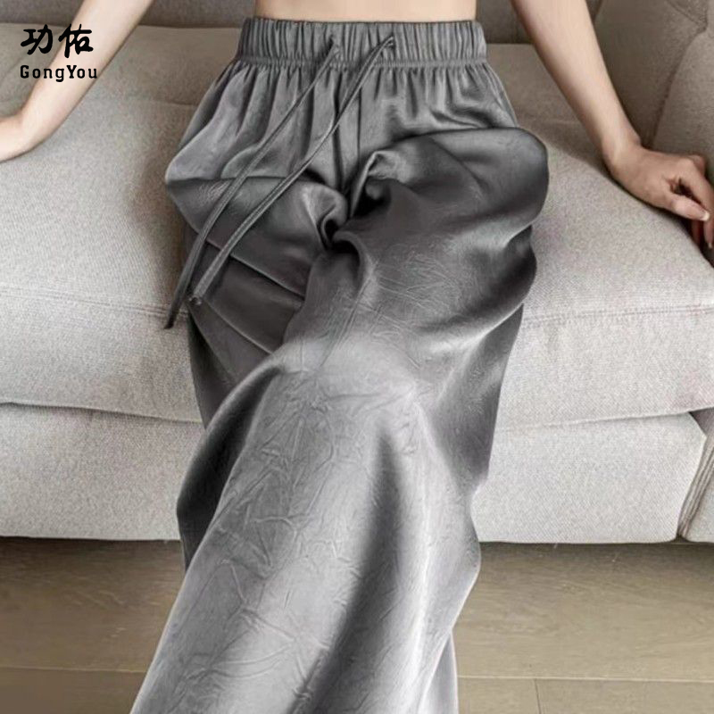 13676221.【功佑】丝滑缎面手抓花高腰直筒阔腿裤
