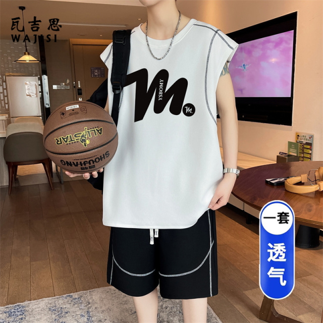 13676523.青少年无袖背心睡衣男款夏季冰丝短裤初中高中学生宽松家居服套装