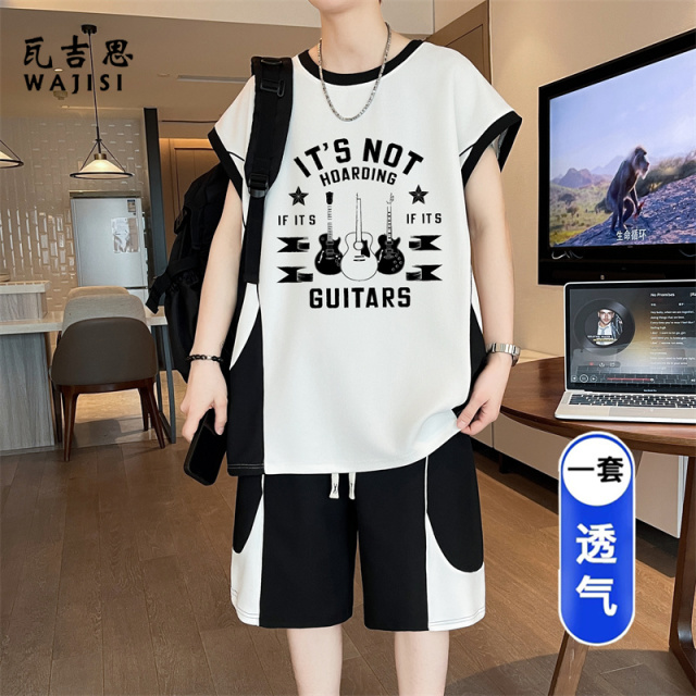 13676509.男士夏季冰丝速干无袖睡衣休闲运动背心短裤套装青少年宽松家居服