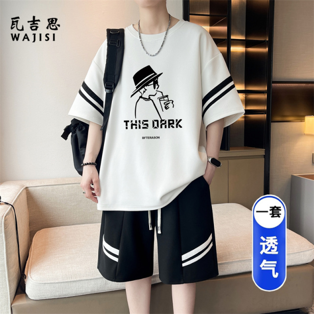13676623.青少年短袖t恤运动套装男高中初中学生冰丝大童夏装帅气一套衣服