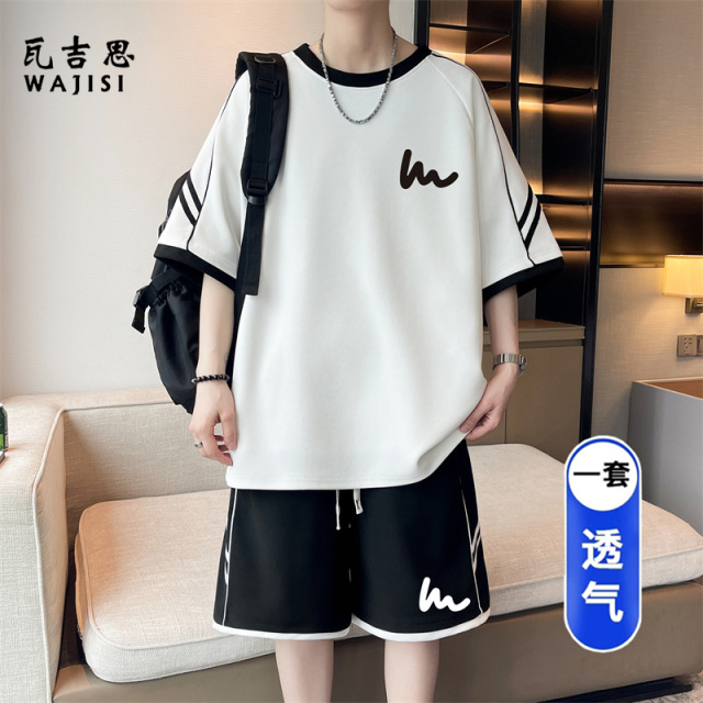 13676628.男士夏季宽松运动休闲套装短袖T恤短裤两件套青少年学生撞色透气