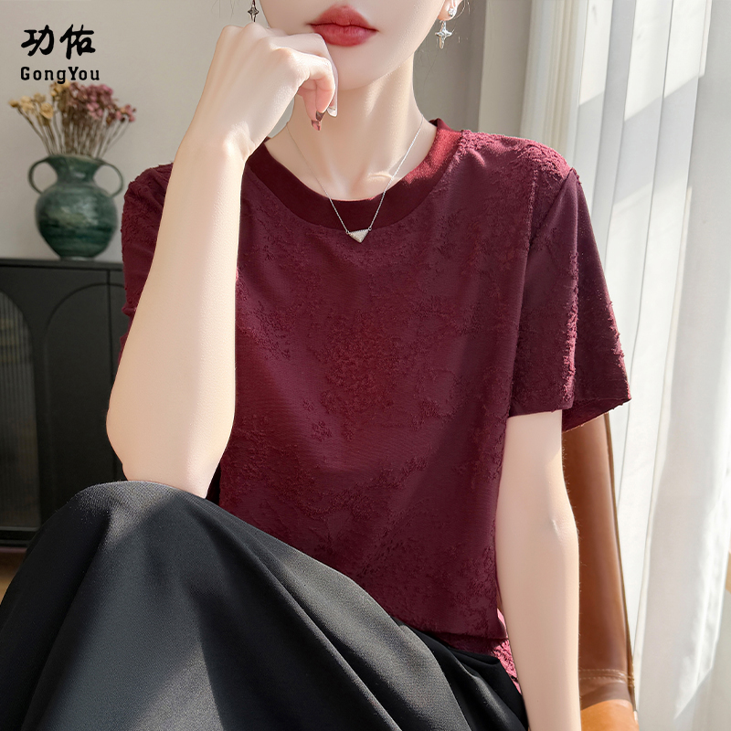 13676935.【功佑】圆领重工提花针织短袖【5%桑蚕丝】