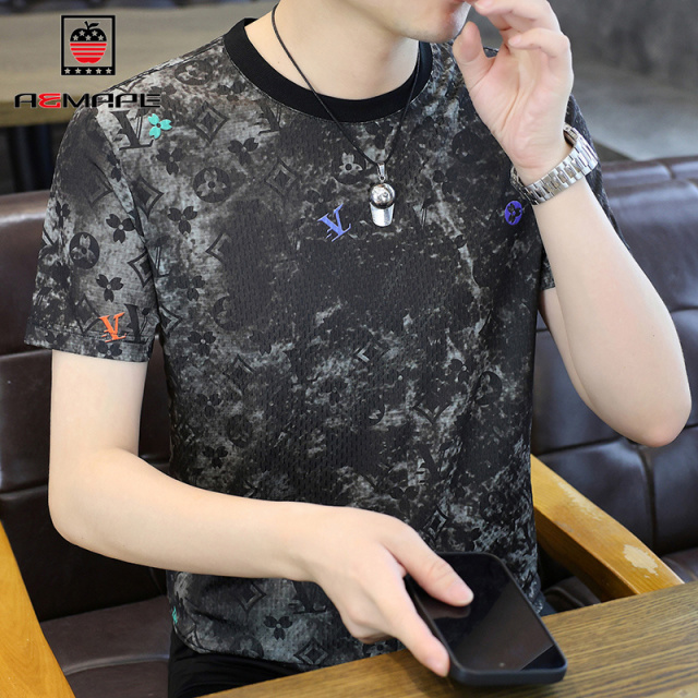 13678456.AEMAPE短袖T恤男夏季冰感透气青年时尚百搭花短袖T恤衫