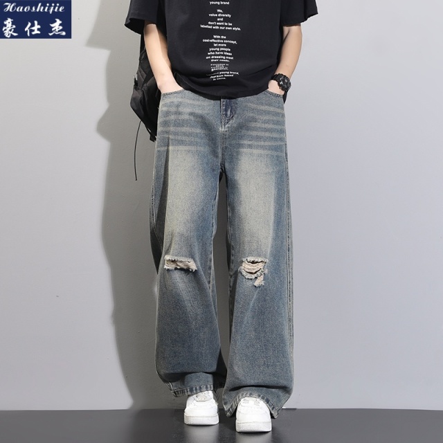 13678571.《百搭潮流》春夏季复古破洞牛仔裤男宽松阔腿显高直筒休闲长裤