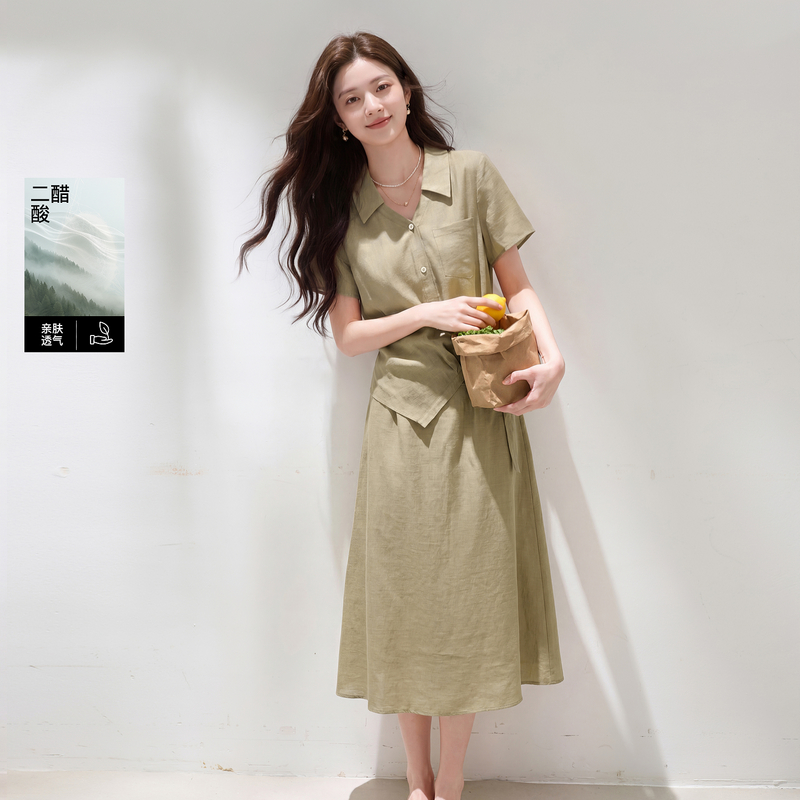 13680299.【醋酸亚麻】三彩若潮大码女装2026秋新款假两件连衣裙藏肉微胖MM